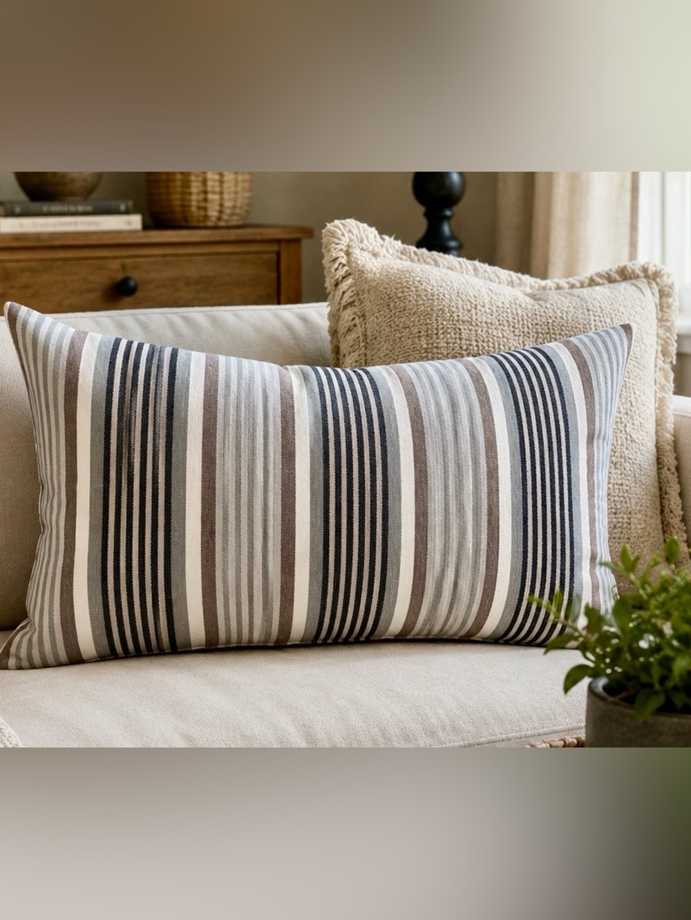 IKEA Striped Lumbar Pillow in Brown, Gray, and White